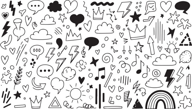 Collection of hand drawn doodle elements including hearts clouds stars lightning and speech bubbles