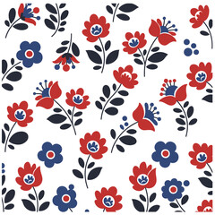 Vibrant Folk Art Floral Seamless Pattern. Stylized Red and Blue Flowers and Leaves on White Background. Decorative Botanical Motif.