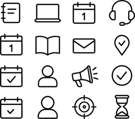 Laptop, calendars, checkmark, headset open book, mail envelope, megaphone, hourglass, location pin mapping, bullseye target, profiles etc., productivity and communications line icon editable vector 