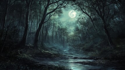 Naklejka premium A forest shrouded in mystery, illuminated by a moonlit pathway, fog, and set against a Halloween-inspired backdrop