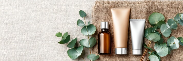 Cosmetic bottles with eucalyptus flowers towels and linen on pastel background top view flat lay natural organic skincare and spa concept perfect for beauty product branding body care wellness design