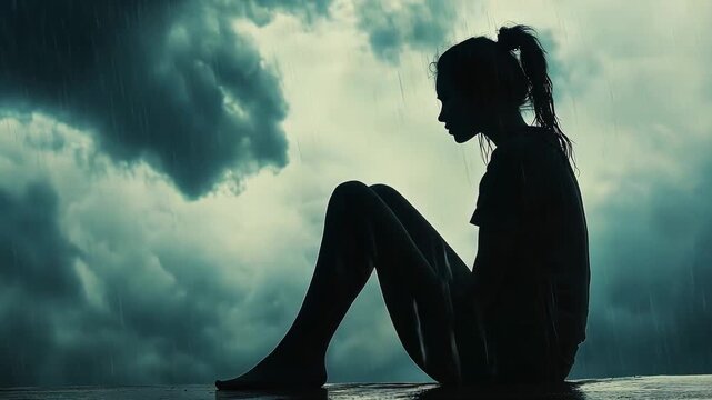 A woman sits in a contemplative pose in the rain, silhouetted against a stormy sky filled with dark clouds, capturing a moment of solitude and depression