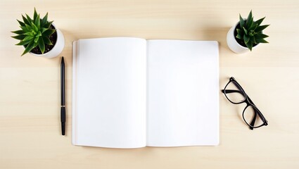 A neatly organized workspace. On a light wooden table lies an open notebook with blank pages, alongside a pen, glasses, and two small houseplants in white pots.