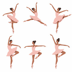 Fototapeta premium Collection of six elegant ballet dancer illustrations in graceful poses on a white background, featuring a diverse ballerina.