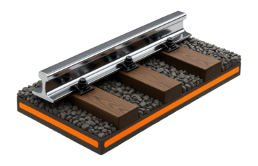 Steel railway track with wooden sleepers and ballast bed