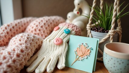An atmosphere of warmth and coziness. Arranged on a wooden surface are knitted gloves with buttons, a soft throw, a festive greeting card with dimensional decor.