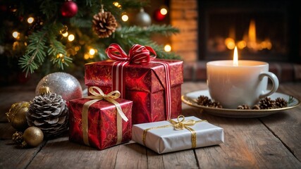 A warm Christmas atmosphere. On a wooden table are festively wrapped gifts, Christmas ornaments, a lit candle in a cup, and pine cones. 