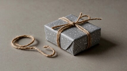 A gift box neatly wrapped in kraft paper and tied with natural jute twine. The background is a plain gray, emphasizing the simplicity and eco-friendliness of the packaging.