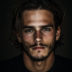 Obraz premium Dramatic portrait of young handsome man on black background