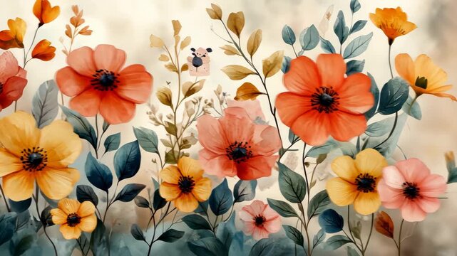 Watercolor floral illustration in warm hues, soft floral elements create a delicate artistic