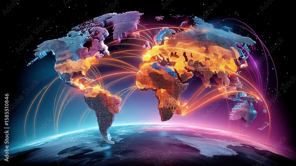 Poster global connectivity map, a vibrant world map design showcasing illuminated connections and key citie