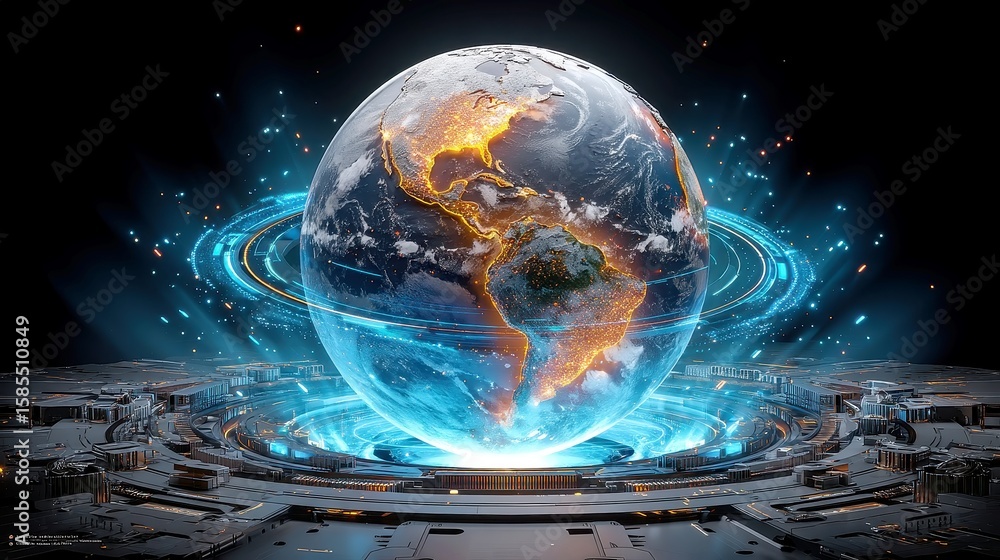 Aufkleber holographic earth in server hub, a dynamic 3d representation of the planet surrounded by streaming i