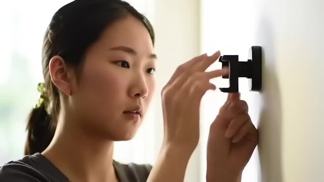 Young woman carefully installing a modern wall hook in her bright, minimalistic living space