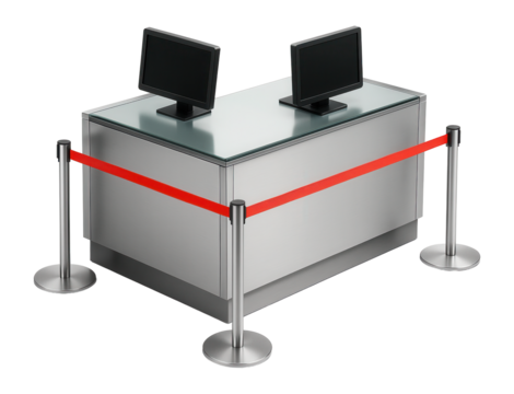 Passenger check-in counter with digital display screens and queue barriers