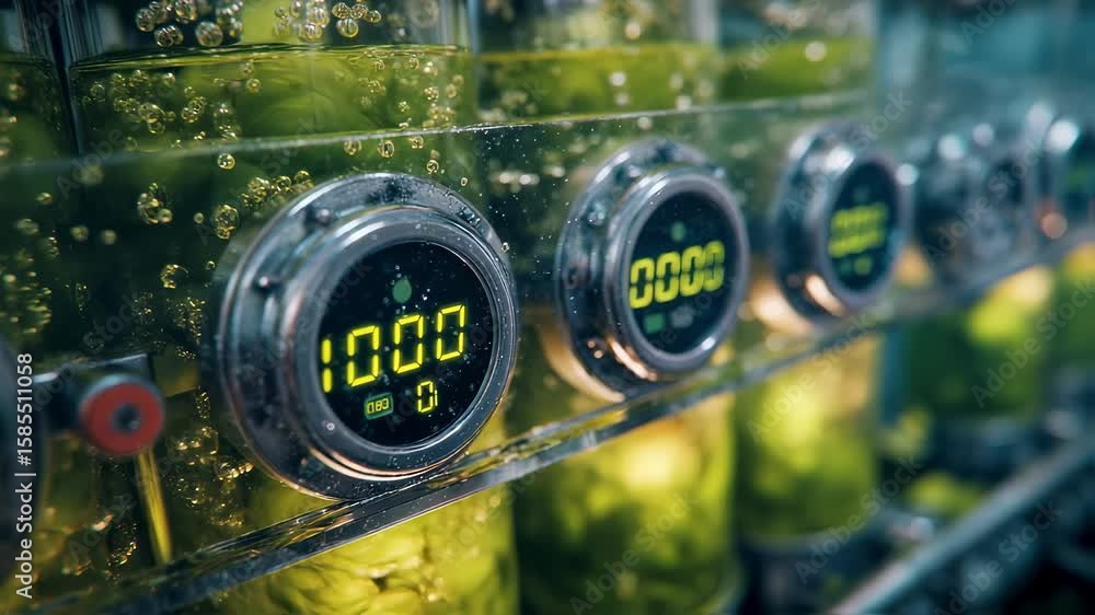 Poster transparent bioreactors filled with algae and equipped with digital sensors are actively monitoring 
