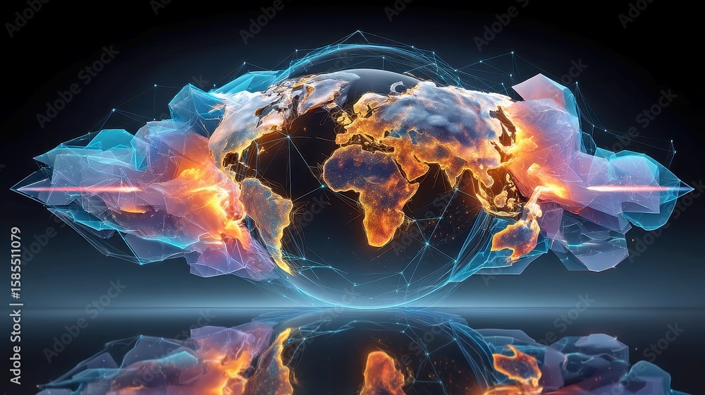 Poster futuristic global network, a vast interconnected grid showcasing glowing data streams in vibrant blu