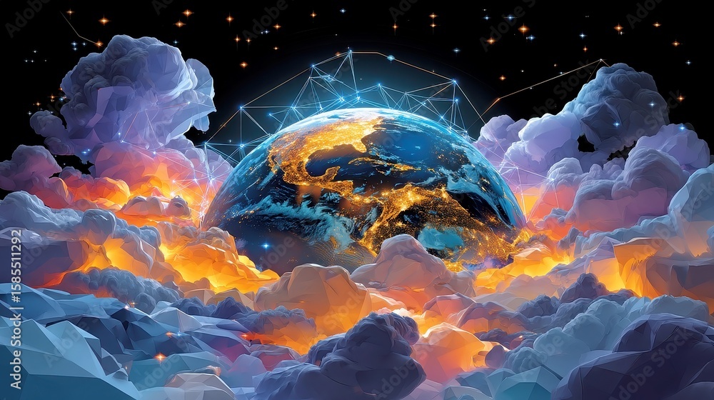 Poster illuminated server network above abstract earth, a vibrant digital landscape showcasing interconnect
