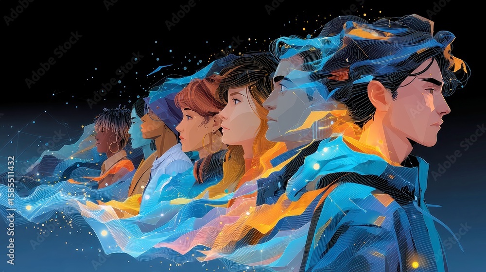 Poster global digital avatar network, a vibrant array of diverse avatars interconnected by dynamic data str