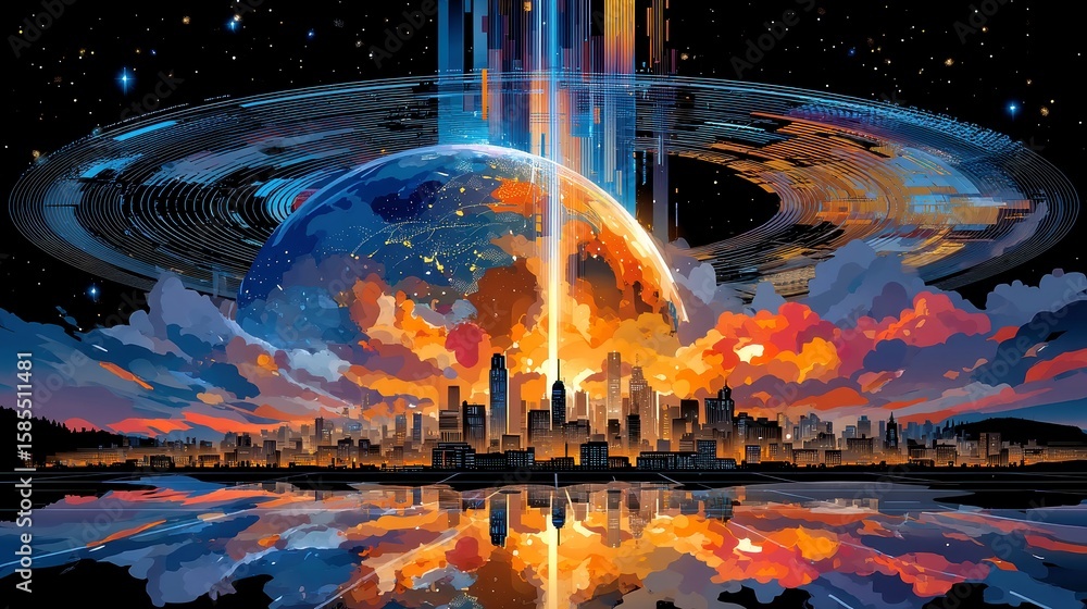 Poster digital transformation landscape, an expansive vista showcasing an interconnected world with an eart