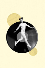 Poster pop collage of person stand walk front big vinyl plate on yellow color background
