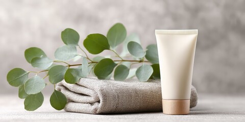 Cosmetic bottles with eucalyptus flowers towels and linen on pastel background top view flat lay natural organic skincare and spa concept perfect for beauty product branding body care wellness design