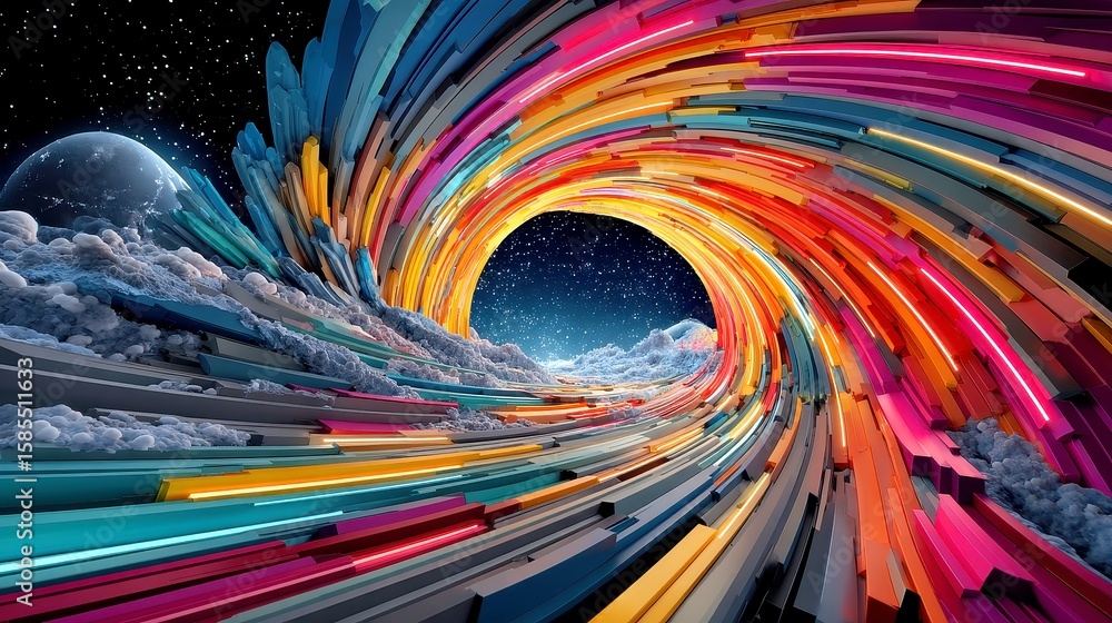 Poster neon data tunnels, vibrant streams of light encircling a planet, dynamic and fast-moving lines, idea