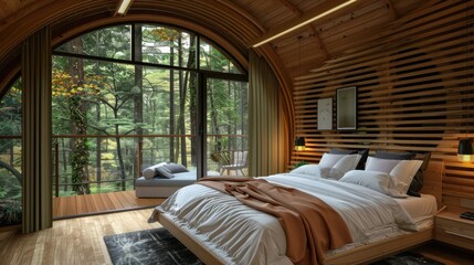 
Wooden pod hotel room interior with large bed and forest view