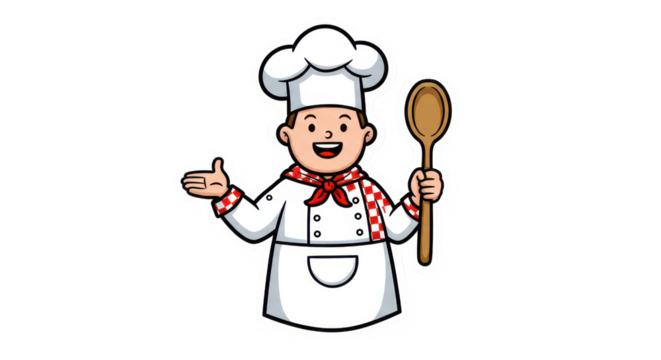 Happy Cartoon Chef with Spoon and Welcoming Gesture