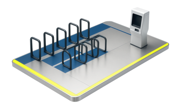 Tram platform with integrated bicycle parking and ticket vending machine