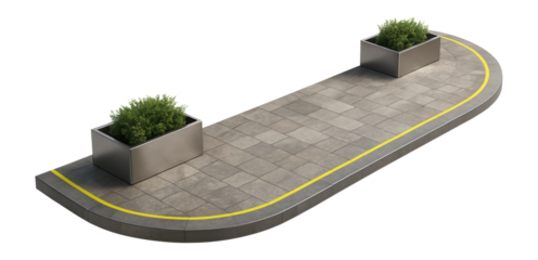 Curved tram platform with decorative stone paving and planter boxes