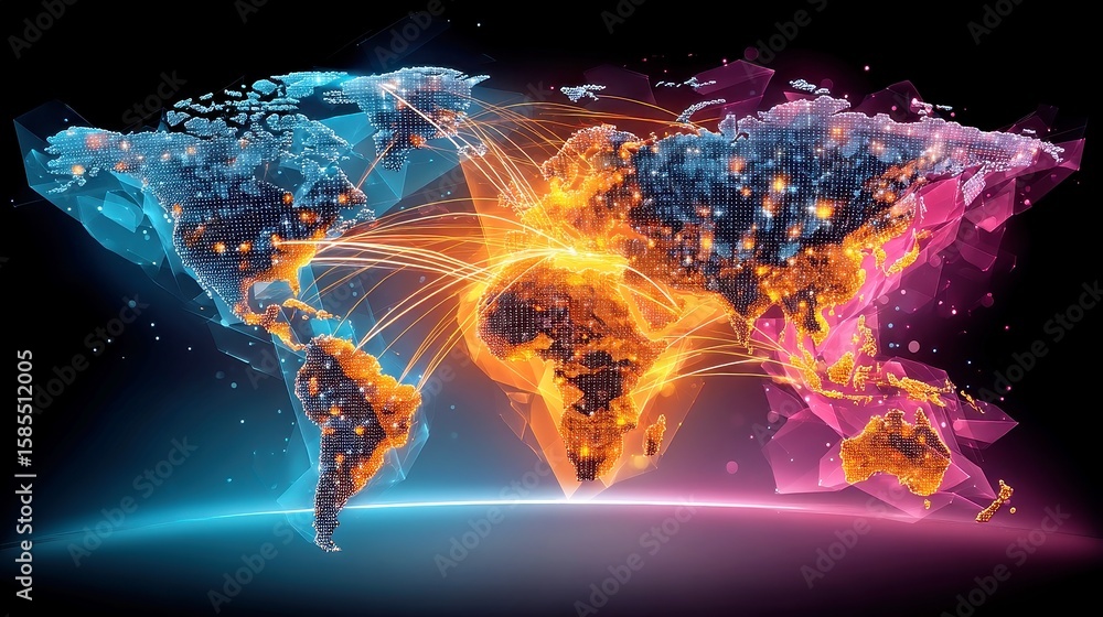 Poster global connectivity map, vibrant world map with luminous beams linking major cities, a tech-inspired