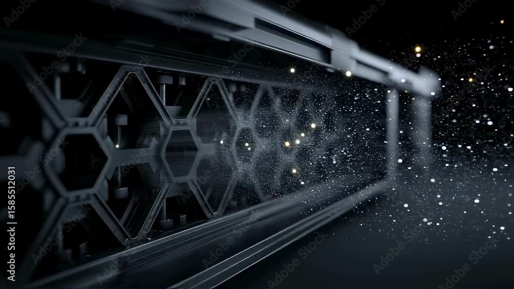 Poster complex server rack emitting a stream of data particles, symbolizing data processing and transfer in