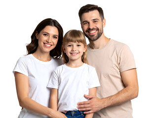 Happy family of three smiling at the camera, isolated transparent background.