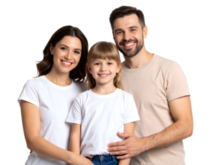 Happy family of three smiling at the camera, isolated transparent background.