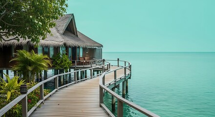 Tropical overwater bungalow on a wooden pier extending into a calm turquoise ocean.