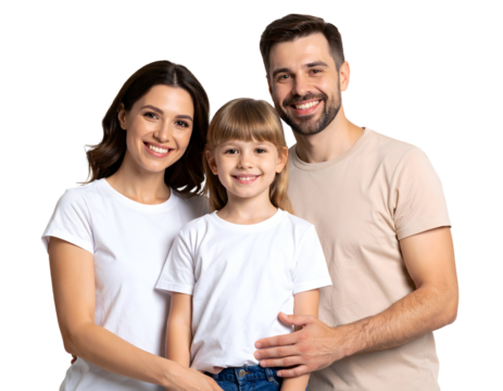 Happy family of three smiling at the camera, isolated transparent background.