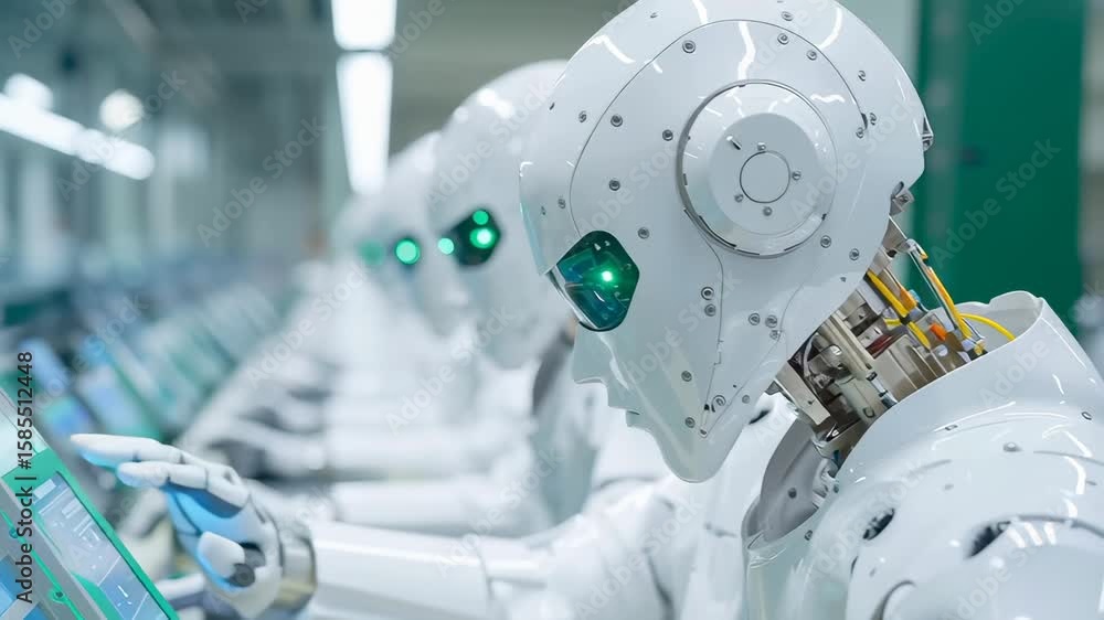 Poster multiple white humanoid robots with green glowing eyes working in synchronized manner at control pan