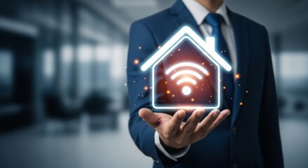 Business professional presenting a smart home concept with Wi-Fi symbol in modern office setting