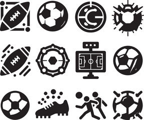 Set of vector soccer and football icons featuring balls, goals, and team play symbols for championship game design