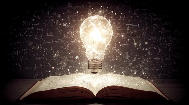 Light Bulb Above Open Book, Idea and Education Concept