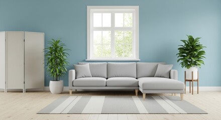 Modern living room featuring a stylish gray sofa, vibrant plants, and a bright window view