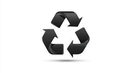 Glossy black 3D recycle symbol with curved arrows on white background representing eco sustainability loop