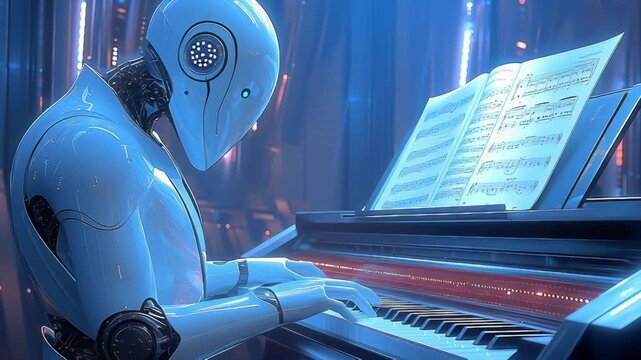 Blue humanoid robot with stylized head plays piano, reading sheet music in dark technological environment with glowing lights and digital atmosphere.