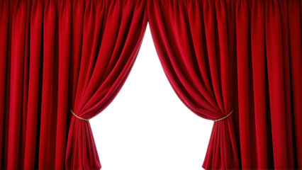 Elegant red velvet theater curtains parted to reveal a black void isolated on transparent background