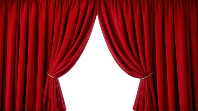 Elegant red velvet theater curtains parted to reveal a black void isolated on transparent background