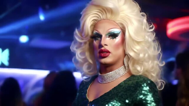 A glamorous drag queen with a big blonde wig and green sequin dress captivates the crowd at a vibrant nightclub party.