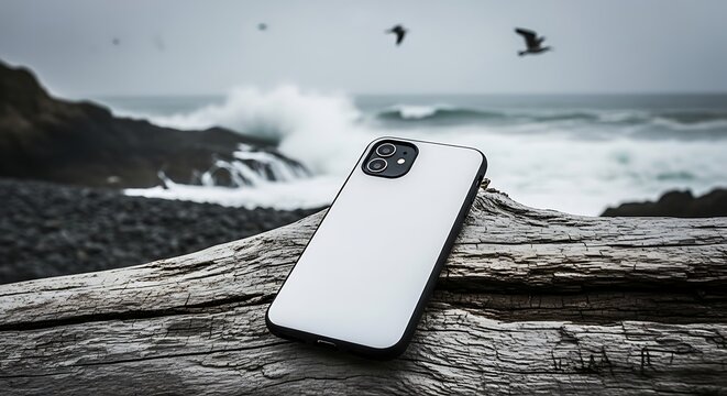 Smartphone on Driftwood Near the Ocean