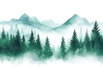 Fototapeta premium A serene watercolor depiction of a forest hill landscape serves as a stunning background, complete with lush trees, vibrant nature, and a brilliant sky