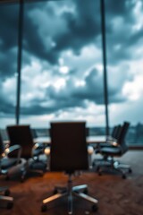 Blurred boardroom interior with dramatic sky view suggesting business challenges