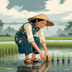Traditional Rice Cultivation in Flooded Field